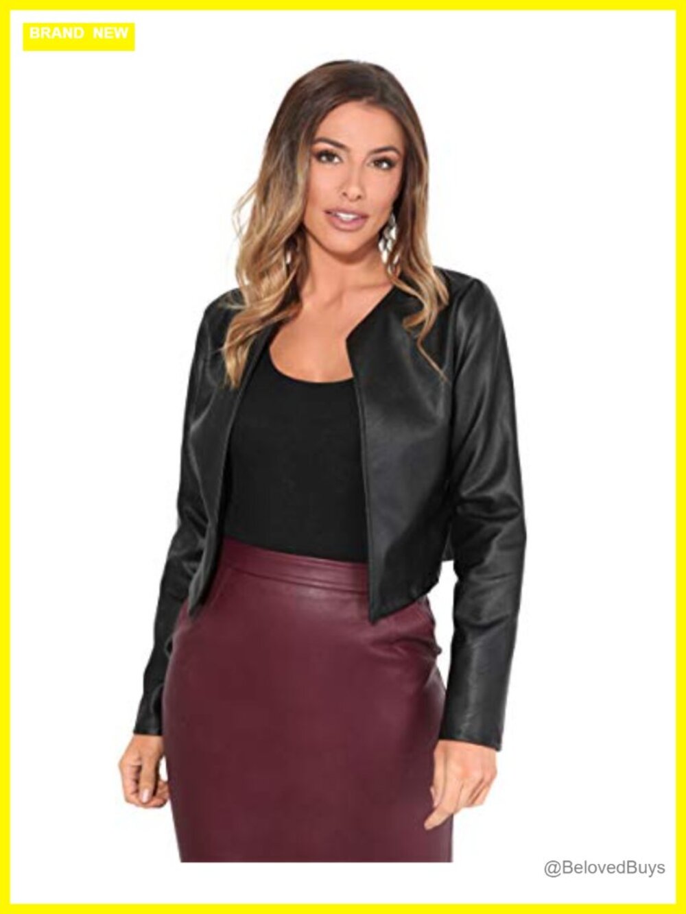 Women's Faux Leather Cropped Bolero Jacket Long Sleeve Blazer